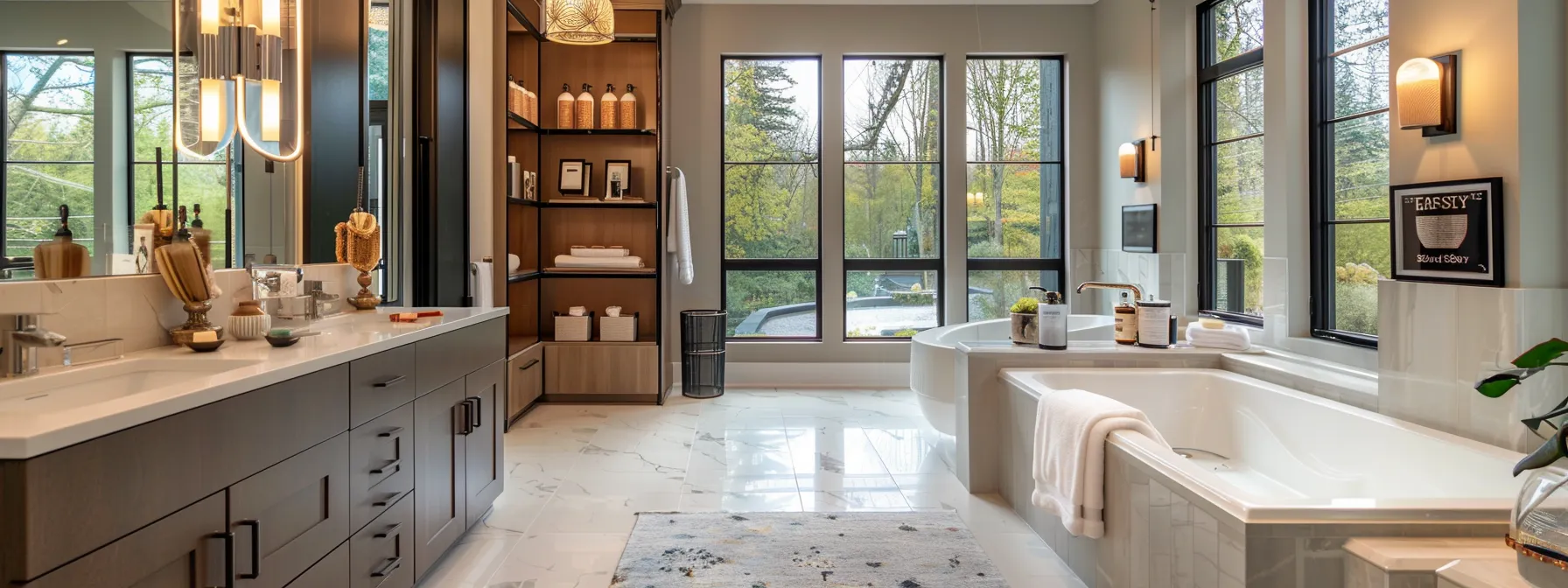a modern, elegantly designed bathroom showcases a thoughtfully planned layout with sleek fixtures, stylish vertical storage, and defined activity zones, all illuminated by soft, warm lighting that highlights its inviting sanctuary-like atmosphere.