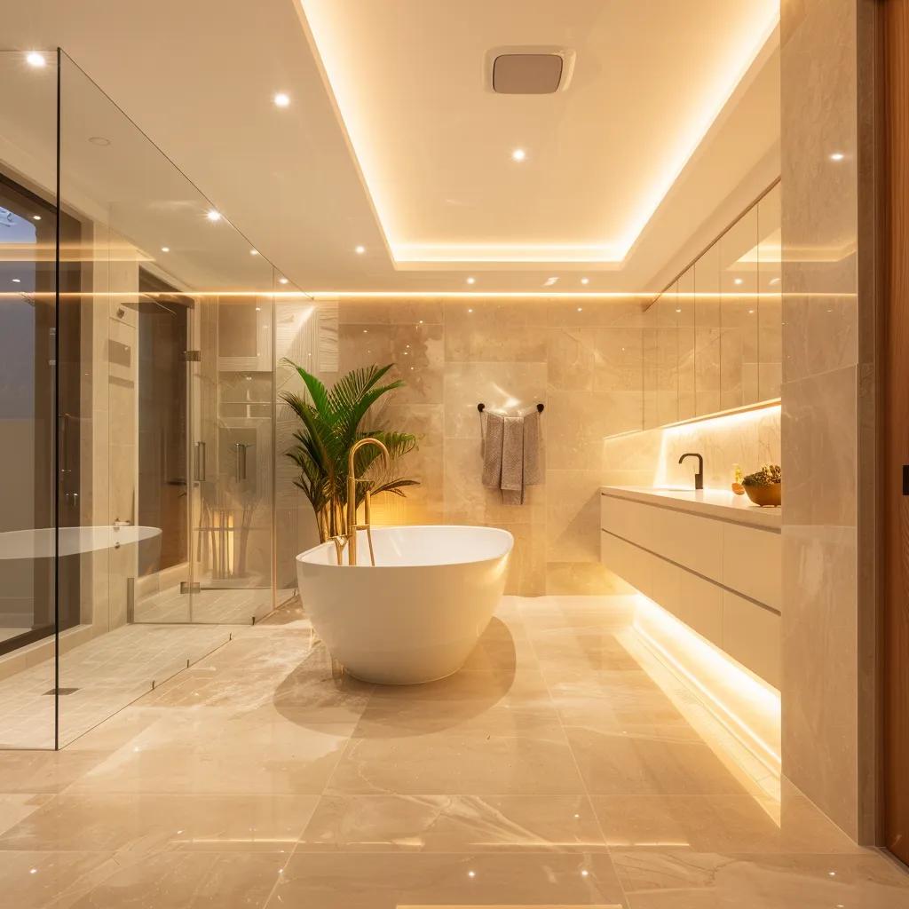 a modern, elegantly designed bathroom showcasing sleek fixtures and stylish tiles, illuminated by soft, ambient lighting to highlight the exquisite craftsmanship of yamba's renovation specialists.