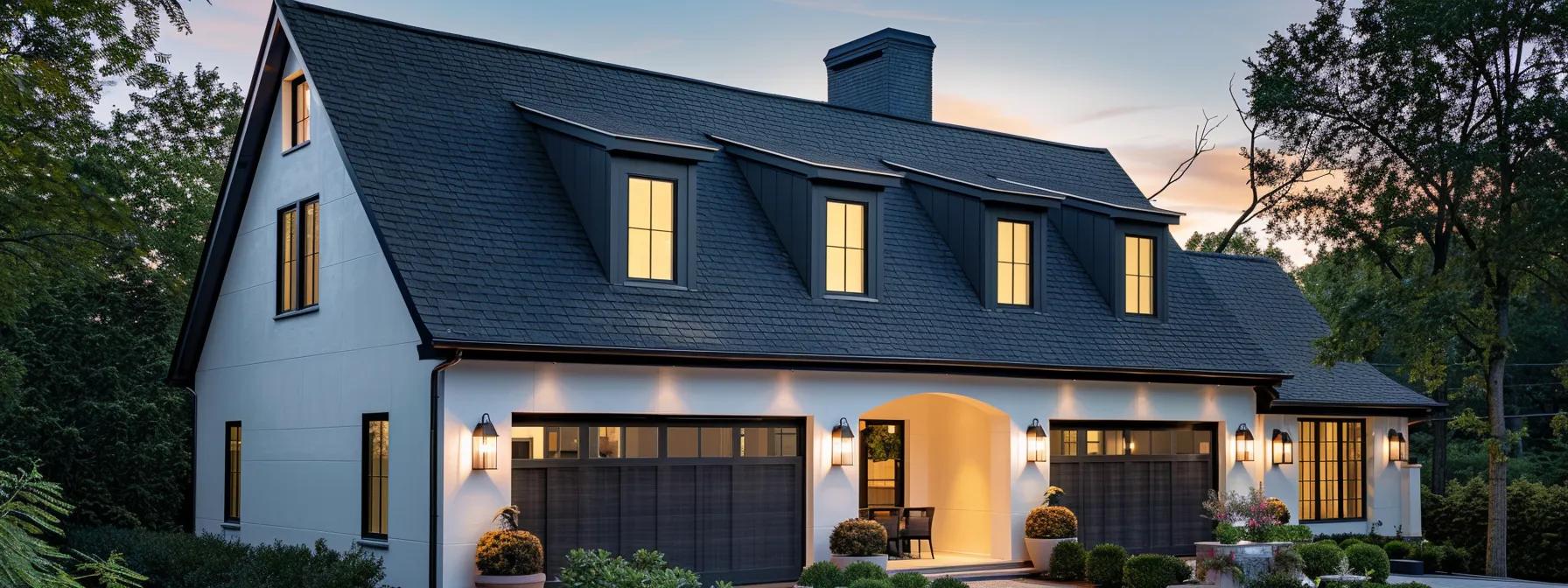 a modern, elegantly designed home showcases a striking mansard roof adorned with deep charcoal asphalt shingles, illuminated by soft evening light, highlighting the intricate texture and color that enhance the property’s unique character and curb appeal. a modern, elegantly designed home showcases a striking mansard roof adorned with deep charcoal asphalt shingles, illuminated by soft evening light, highlighting the intricate texture and color that enhance the property’s unique character and curb appeal.