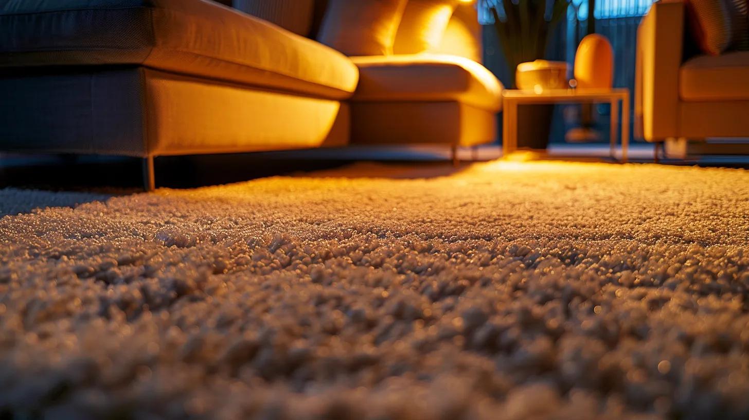 a modern, elegantly furnished living room showcases a pristine, plush carpet under warm, ambient lighting, emphasizing a clean and inviting atmosphere that reflects both comfort and the long-term benefits of regular carpet care.