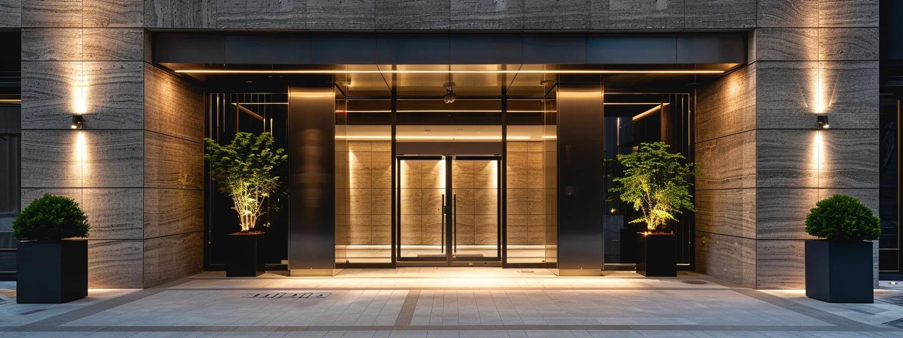 a modern, elegantly lit entryway showcases a seamless blend of security features and stylish outdoor lighting, creating a safe yet welcoming atmosphere that enhances the architectural beauty of the surrounding urban environment. a modern, elegantly lit entryway showcases a seamless blend of security features and stylish outdoor lighting, creating a safe yet welcoming atmosphere that enhances the architectural beauty of the surrounding urban environment.