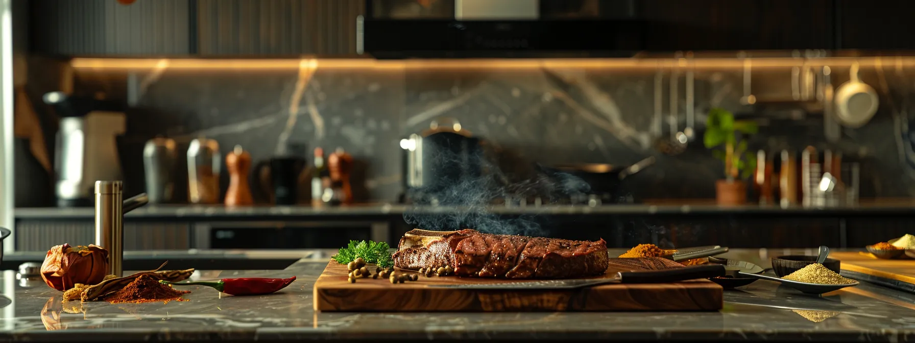 a modern, elegantly styled kitchen showcases a perfectly grilled steak glistening with a rich marinade, surrounded by vibrant spices and cooking tools, emphasizing the mastery of preparing arizona grass-fed beef.