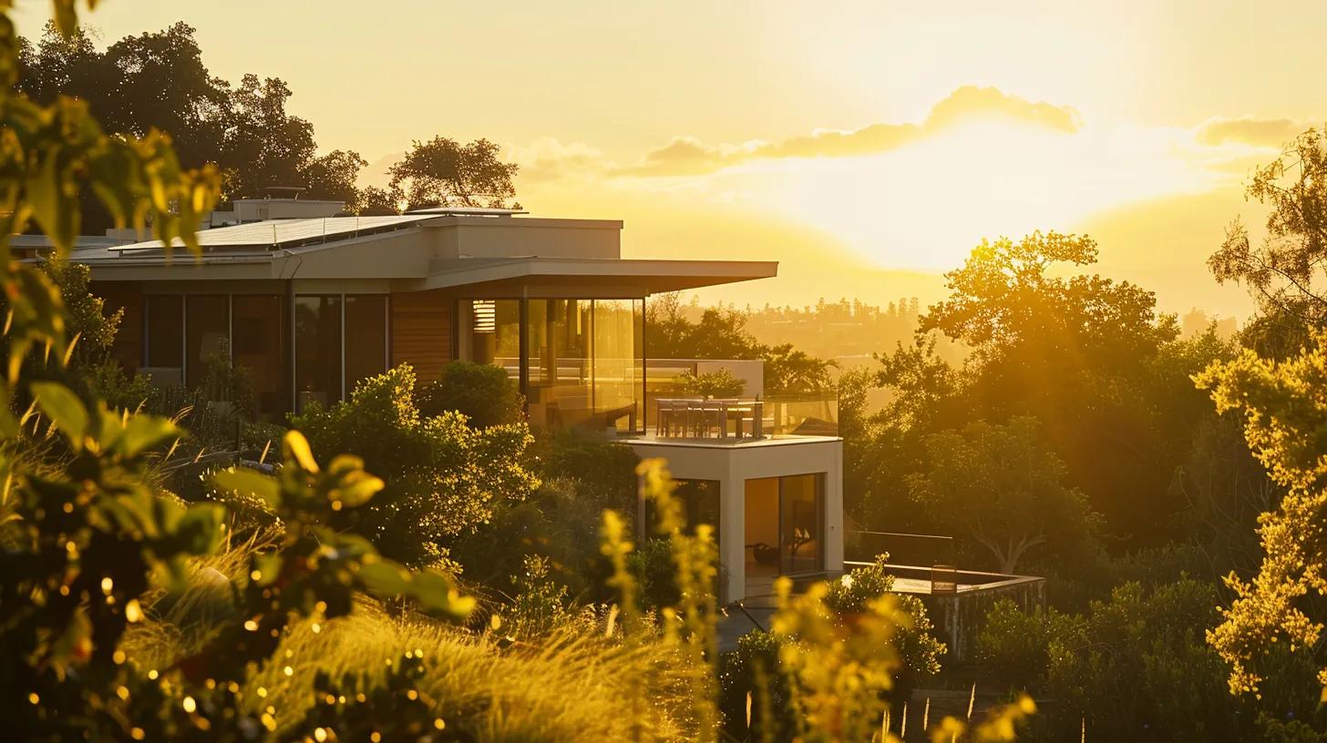 a modern, energy-efficient home bathed in golden sunlight, showcasing sleek solar panels and lush greenery, symbolizing significant cost savings and sustainable living. a modern, energy-efficient home bathed in golden sunlight, showcasing sleek solar panels and lush greenery, symbolizing significant cost savings and sustainable living.