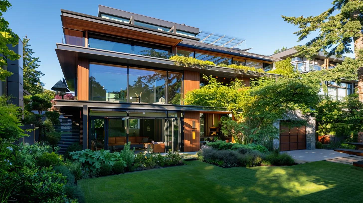 a modern energy-efficient home, featuring sleek solar panels and lush greenery, basks in warm sunlight, showcasing its harmonious blend of sustainability and comfort against a clear blue sky. a modern energy-efficient home, featuring sleek solar panels and lush greenery, basks in warm sunlight, showcasing its harmonious blend of sustainability and comfort against a clear blue sky.