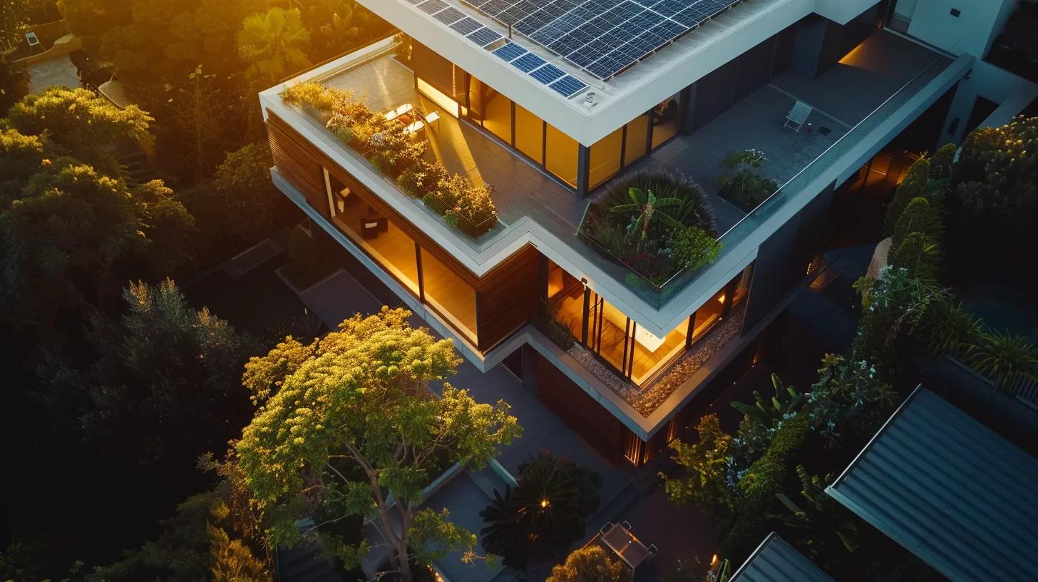 a modern energy-efficient home showcases sleek solar panels and vibrant greenery, illuminated by warm natural light, symbolizing the harmonious blend of technology and sustainability in a comfortable living environment. a modern energy-efficient home showcases sleek solar panels and vibrant greenery, illuminated by warm natural light, symbolizing the harmonious blend of technology and sustainability in a comfortable living environment.