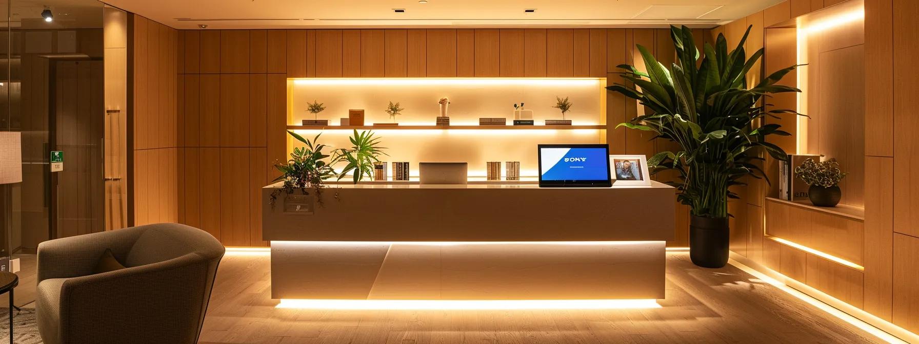 a modern event coordination office showcases a stylish reception area, featuring a sleek desk with a laptop open to an online booking system, personalized meeting spaces with elegant decor, and a digital display highlighting customizable reception hall packages, all bathed in bright, inviting artificial lighting.