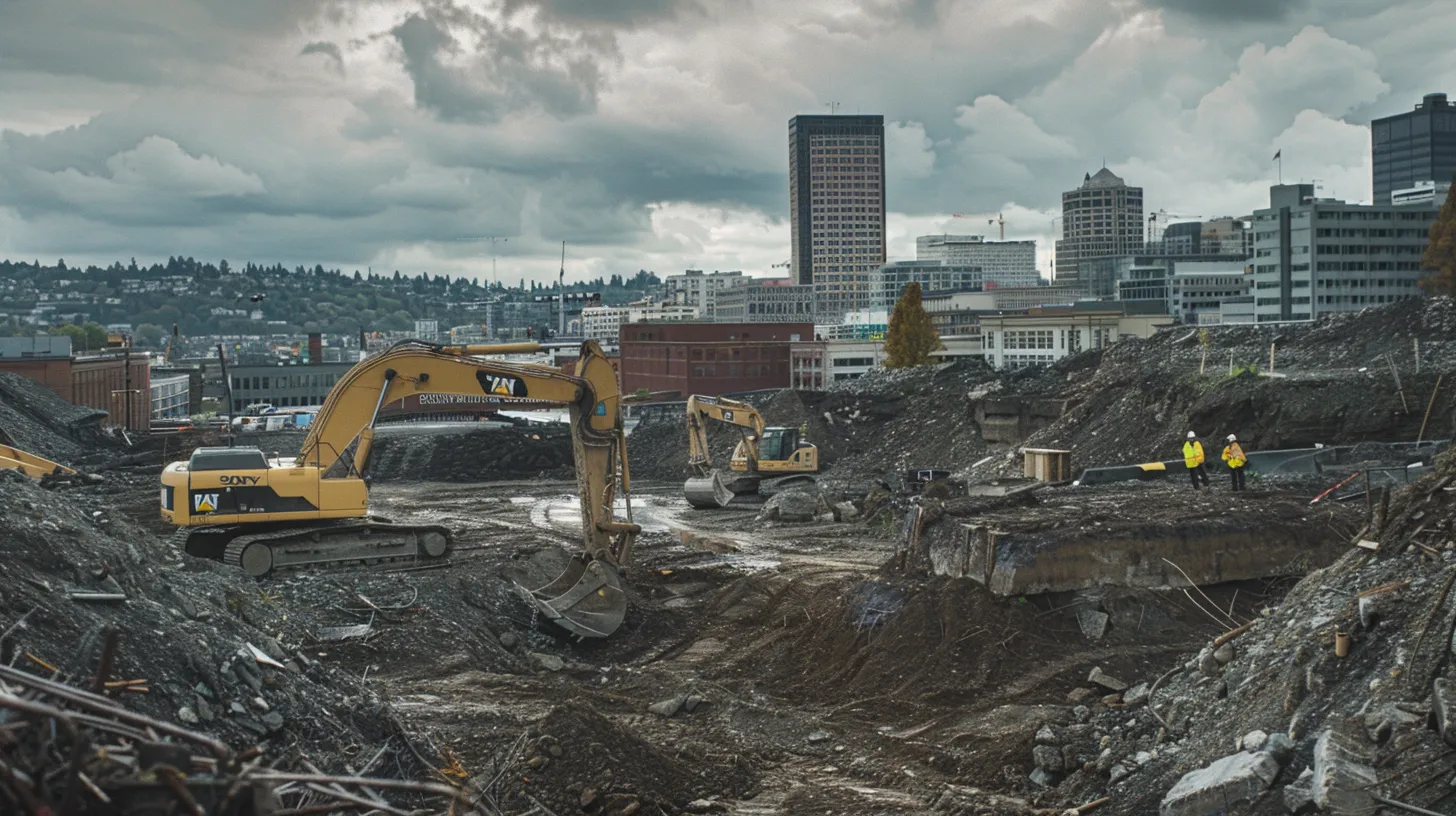 a modern excavation site bustling with heavy machinery and contractors in safety gear, meticulously preparing the ground for construction amidst a backdrop of portland's skyline.