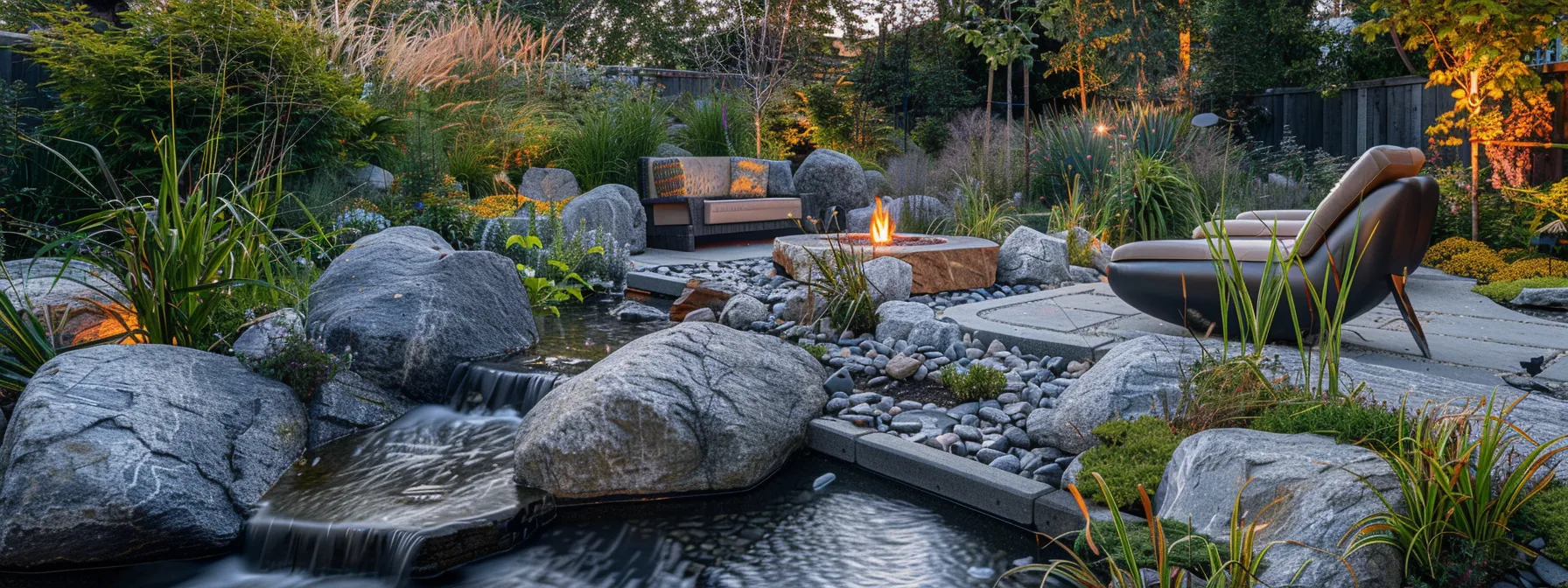 a modern garden oasis featuring an innovative boulder water feature, a stylish fire pit surrounded by cozy seating areas, and elegantly designed multi-level terraces, all thoughtfully arranged with artistic boulder edging and decorative statues, showcasing a refined outdoor living space.