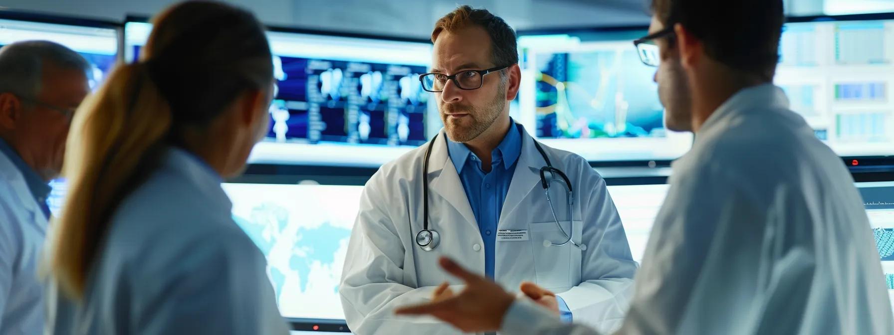 a modern healthcare consulting office with an engaged consultant discussing performance strategies with medical practitioners, highlighted by sleek digital displays showcasing analytics and strategic plans in a high-energy, professional environment. a modern healthcare consulting office with an engaged consultant discussing performance strategies with medical practitioners, highlighted by sleek digital displays showcasing analytics and strategic plans in a high-energy, professional environment.