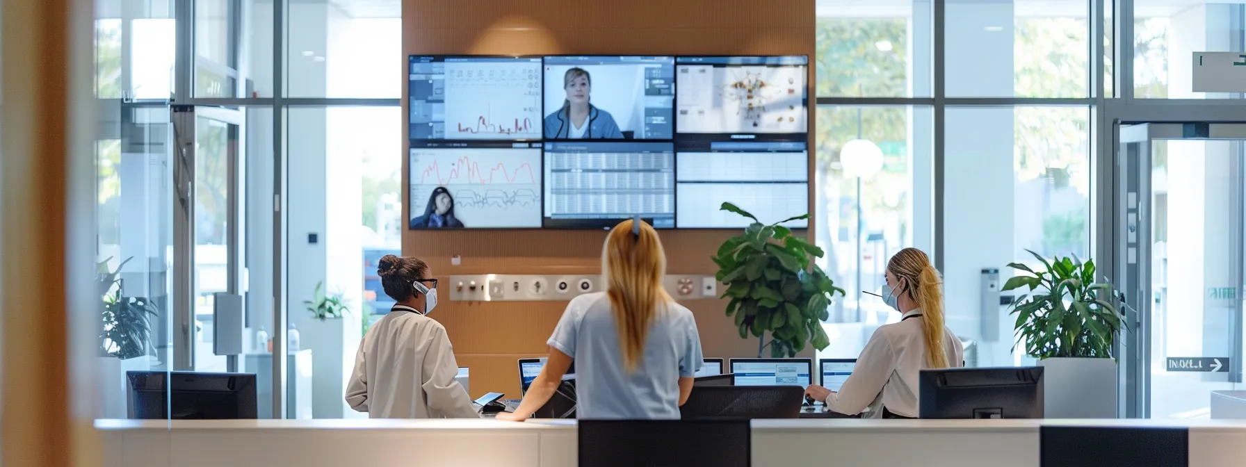 a modern healthcare office bustling with activity showcases professionals engaged with advanced digital screens displaying organized patient records and streamlined medical billing data, emphasizing the efficiency and reliability of ai document management.