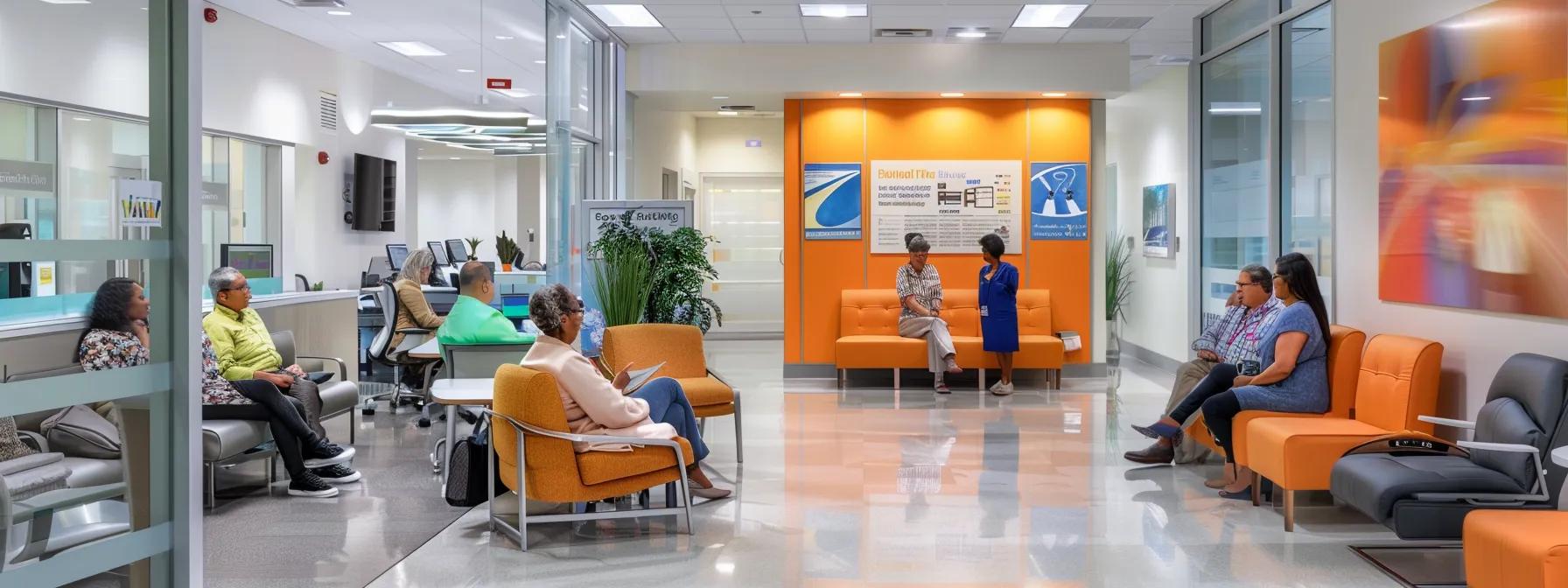 a modern healthcare office in south carolina showcases a diverse group of seniors engaged in a consultation about no premium medicare advantage plans, with visually appealing charts displaying cost savings and medical benefits on the walls, bathed in bright, professional lighting.