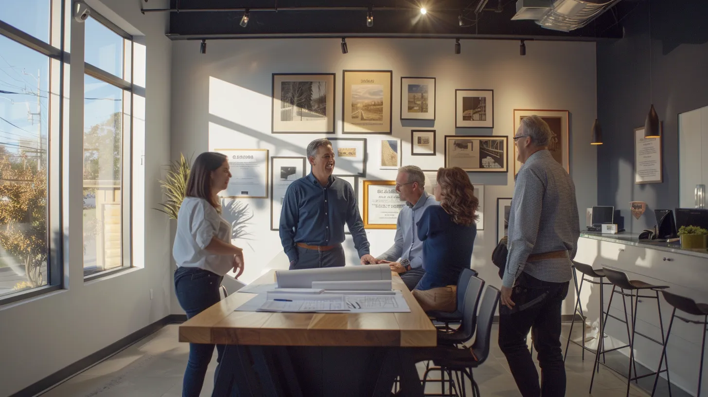 a modern home building office, bathed in warm natural light, is filled with engaged professionals discussing blueprints surrounded by framed customer testimonials and industry certifications on the walls, emphasizing clear communication and exceptional customer service. a modern home building office, bathed in warm natural light, is filled with engaged professionals discussing blueprints surrounded by framed customer testimonials and industry certifications on the walls, emphasizing clear communication and exceptional customer service.