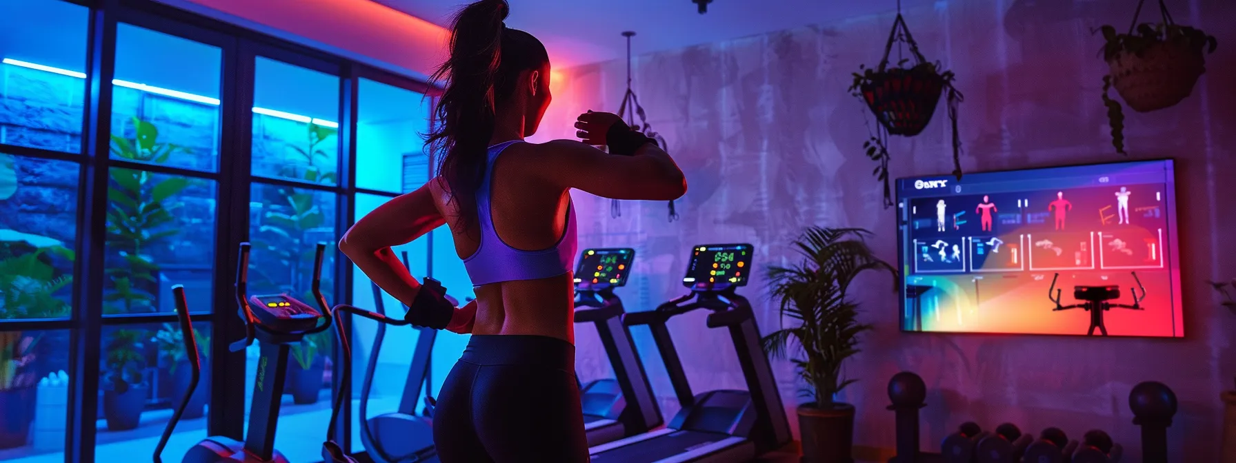 a modern home gym scene showcases an enthusiastic individual participating in a vibrant online fitness class, surrounded by high-quality workout gear and screens displaying interactive fitness challenges, evoking a sense of community and accountability in their training journey.