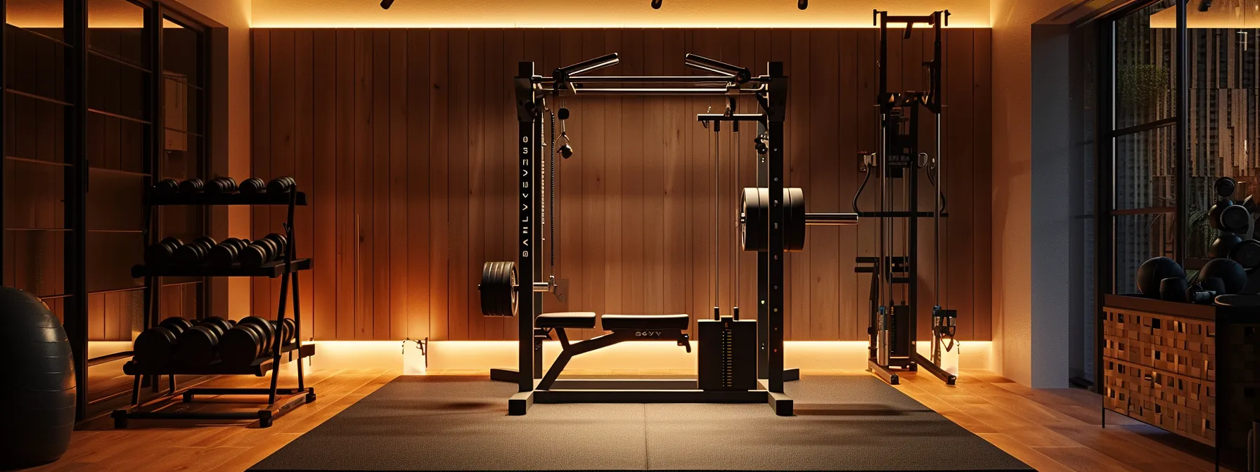 a modern home gym setup featuring sleek, high-quality fitness gear, including a sturdy cable machine and organized equipment cart, illuminated by warm ambient lighting within a spacious, minimalist room.
