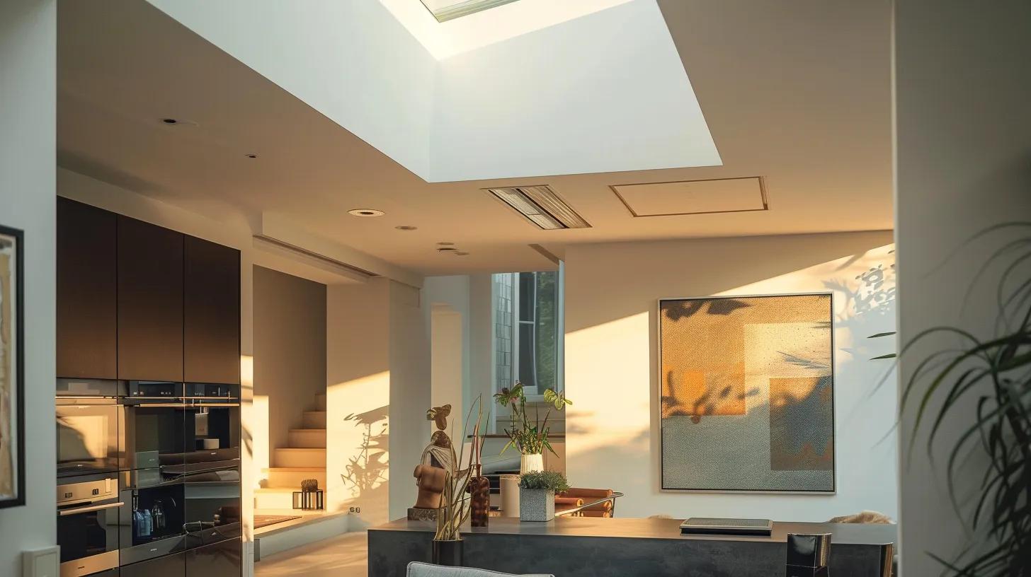 a modern home interior showcases a sleek, professionally installed skylight flooding the room with warm, natural light, emphasizing the elegant design and inviting atmosphere of the space.