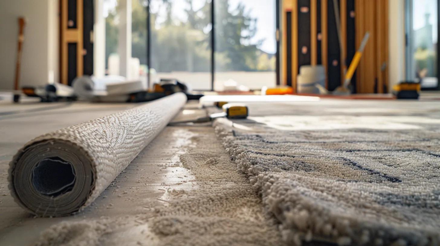 A Modern Home Interior Showcases A Half-Finished Carpet Installation, Featuring Rich Textures And Colors As Tools And Materials Are Neatly Arranged On A Polished Floor, Emphasizing The Contrast Between Professional Precision And Diy Creativity. a modern home interior showcases a half-finished carpet installation, featuring rich textures and colors as tools and materials are neatly arranged on a polished floor, emphasizing the contrast between professional precision and diy creativity.