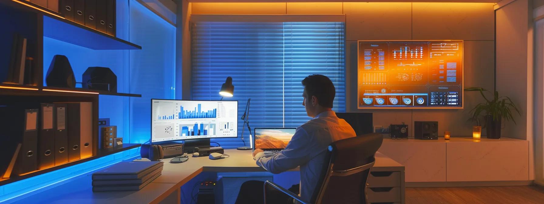 a modern home office illuminated by sleek recessed lighting showcases an engaging digital presentation on solar panel financing, featuring clear graphs and infographics displayed on a large screen, as a focused homeowner contemplates sustainable energy investments. a modern home office illuminated by sleek recessed lighting showcases an engaging digital presentation on solar panel financing, featuring clear graphs and infographics displayed on a large screen, as a focused homeowner contemplates sustainable energy investments.