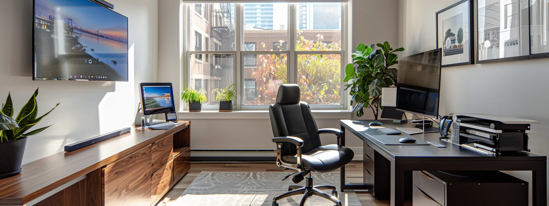 A-a-modern-home-office-in-087e51ae-0d40-47d7-8f94-b6ff632474e1 a modern home office in south side chicago, showcasing a sleek heating and cooling system installation, emphasizes the financial flexibility and comfort benefits of hvac financing with an inviting atmosphere and well-organized space.