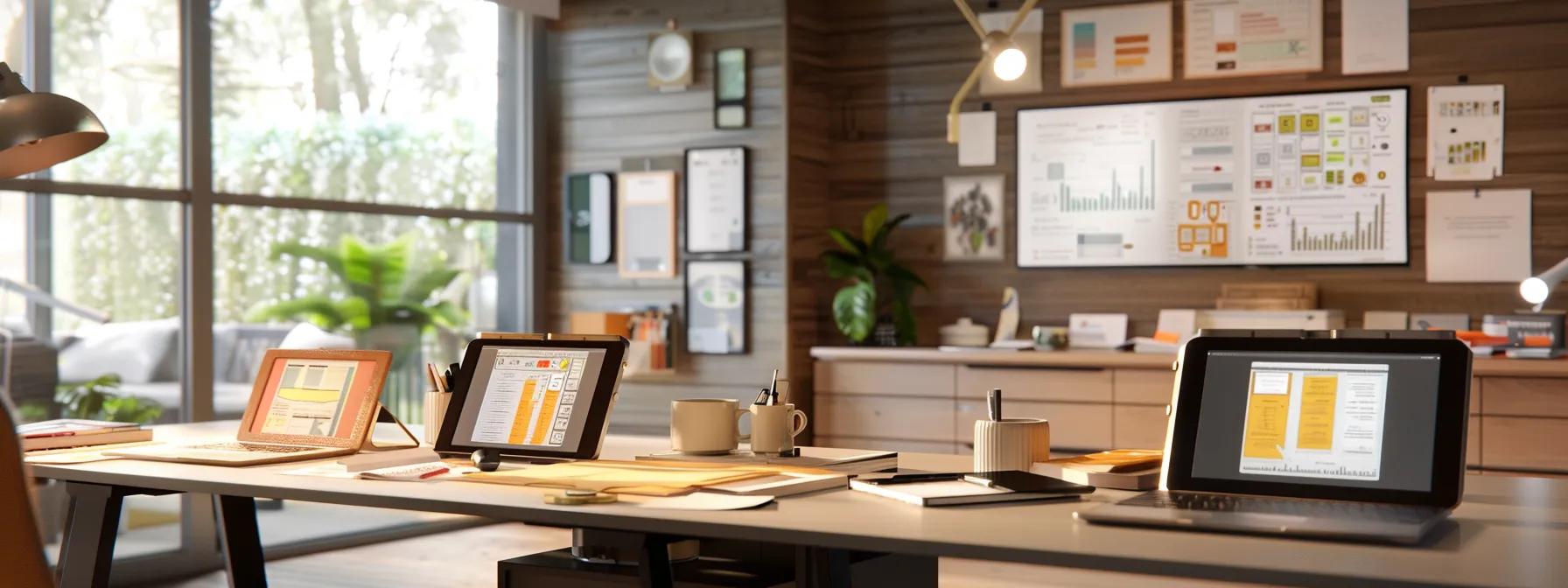 a modern home office is filled with documents and digital tablets displaying a detailed emergency response plan for plumbing failures, set against a backdrop of sleek furniture and organised materials that embody preparedness and efficiency. a modern home office is filled with documents and digital tablets displaying a detailed emergency response plan for plumbing failures, set against a backdrop of sleek furniture and organised materials that embody preparedness and efficiency.