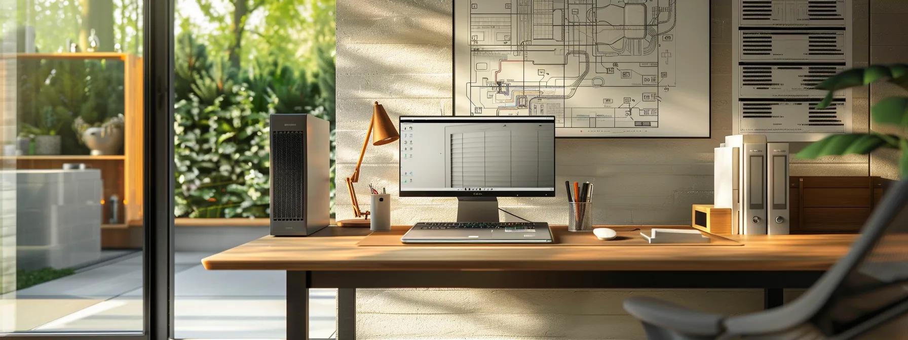 a modern home office setting showcases a sleek hvac air filter prominently displayed on a polished desk, with an open laptop and engineering schematics in the background highlighting the importance of regular maintenance for improved efficiency and indoor air quality. a modern home office setting showcases a sleek hvac air filter prominently displayed on a polished desk, with an open laptop and engineering schematics in the background highlighting the importance of regular maintenance for improved efficiency and indoor air quality.
