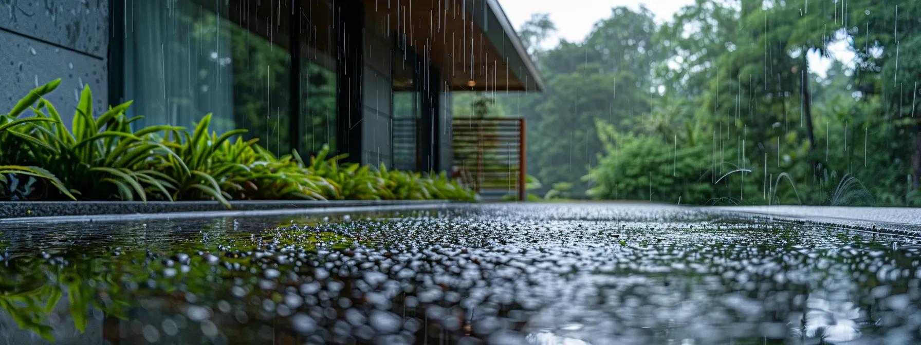 a modern home stands resilient against soil erosion, featuring seamless gutters directing rainwater away from the foundation on a rainy day, with a focus on the clean lines and structural integrity that enhance both safety and curb appeal. a modern home stands resilient against soil erosion, featuring seamless gutters directing rainwater away from the foundation on a rainy day, with a focus on the clean lines and structural integrity that enhance both safety and curb appeal.