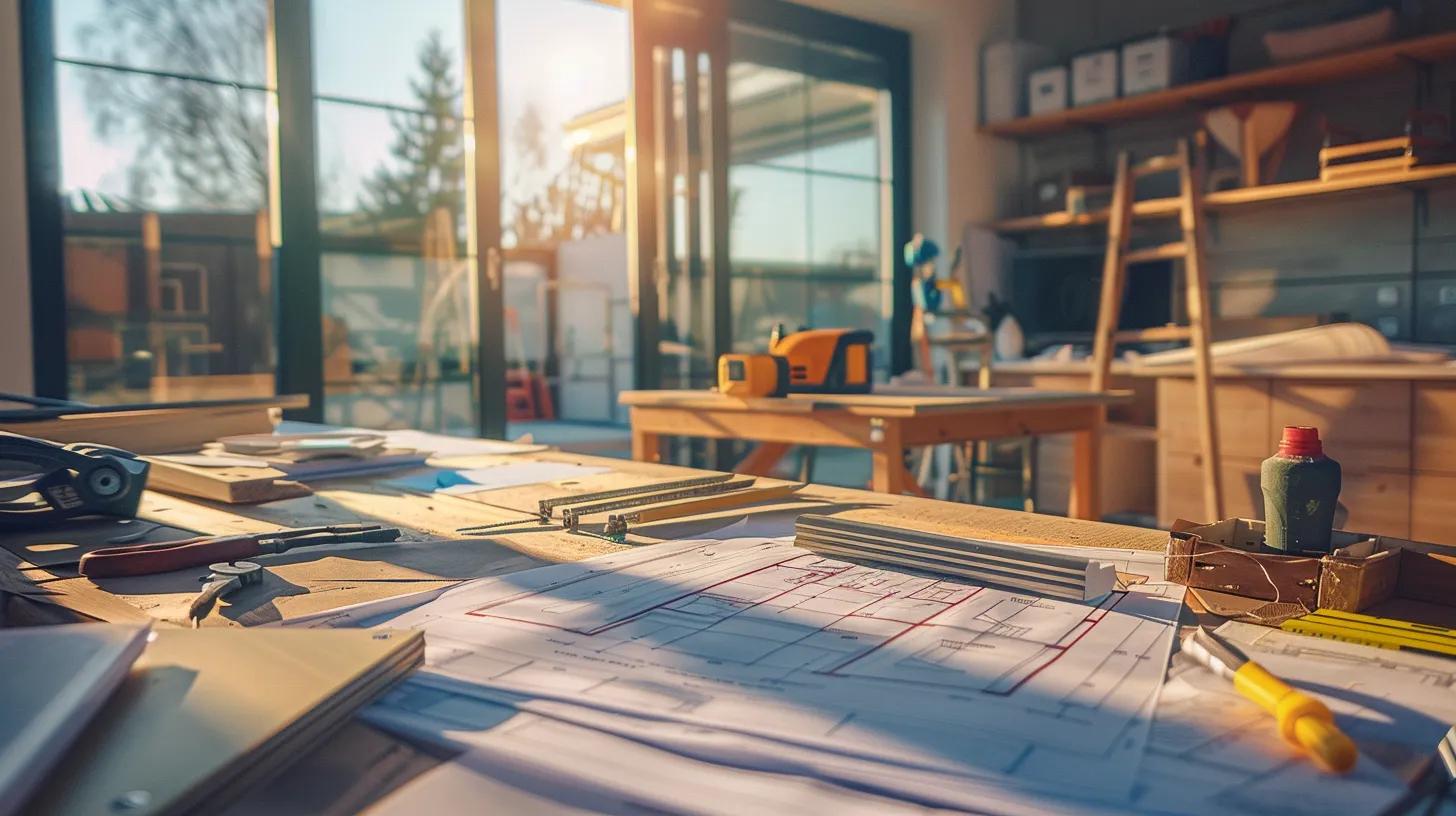 a modern home under construction showcases various gutter materials displayed prominently on a clean, organized workbench, with blueprints and tools arranged around them, emphasizing the complexity and range of options for gutter installation costs.