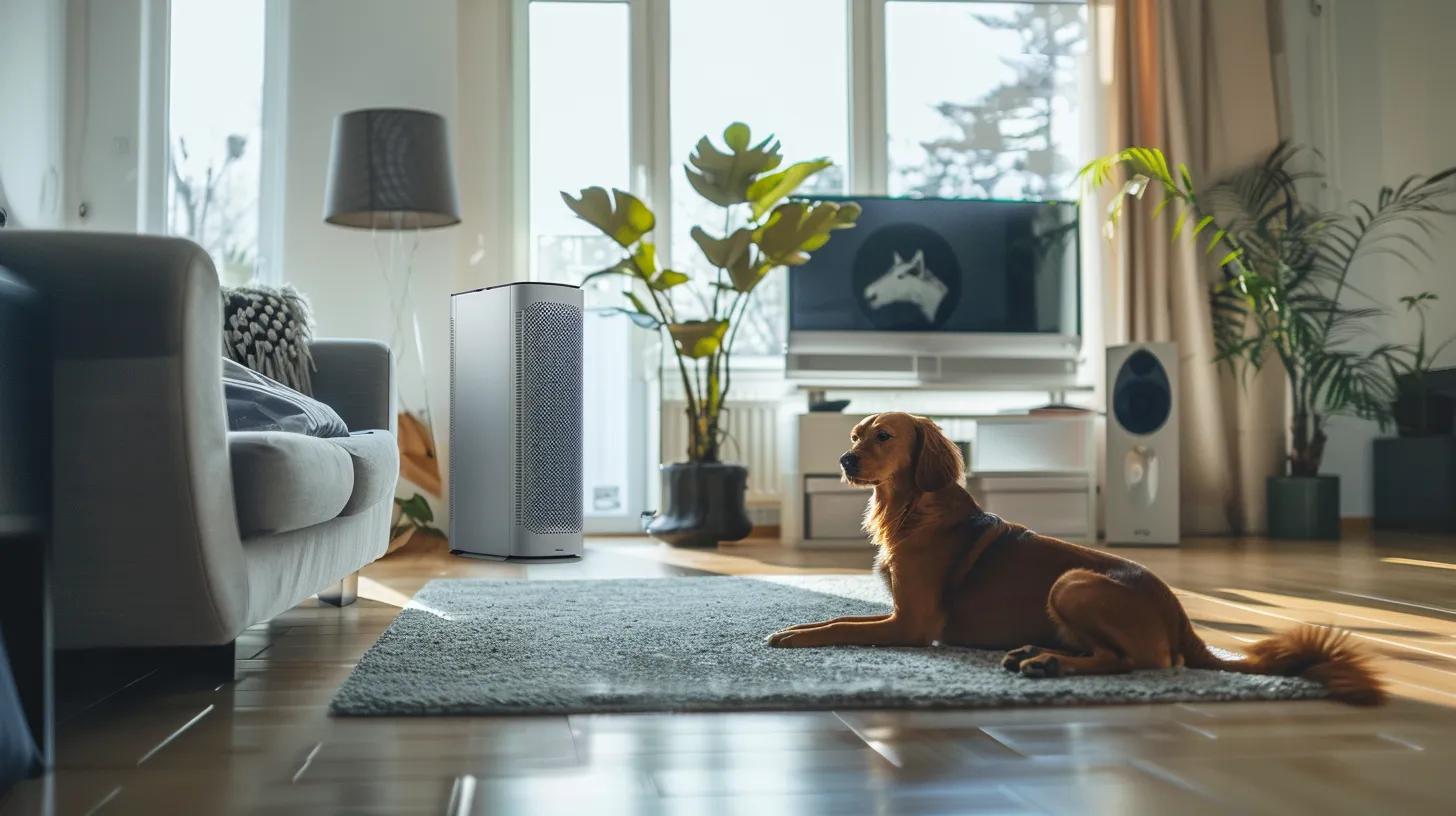 a modern, immaculate living room features sleek furniture and pet accessories, showcasing an air purifier prominently, symbolizing a healthier home environment for allergy-sensitive pet owners.