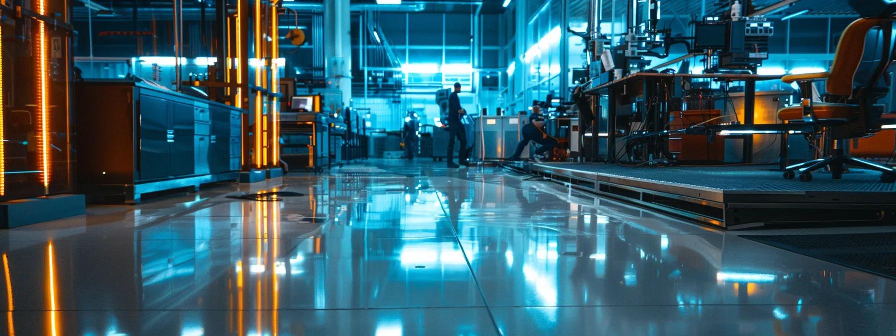 a modern industrial workspace featuring a pristine epoxy floor, showcasing its seamless, slip-resistant surface under bright artificial lighting, where employees confidently navigate amidst machinery and equipment, highlighting the enhanced safety and hygiene benefits of this flooring system. a modern industrial workspace featuring a pristine epoxy floor, showcasing its seamless, slip-resistant surface under bright artificial lighting, where employees confidently navigate amidst machinery and equipment, highlighting the enhanced safety and hygiene benefits of this flooring system.
