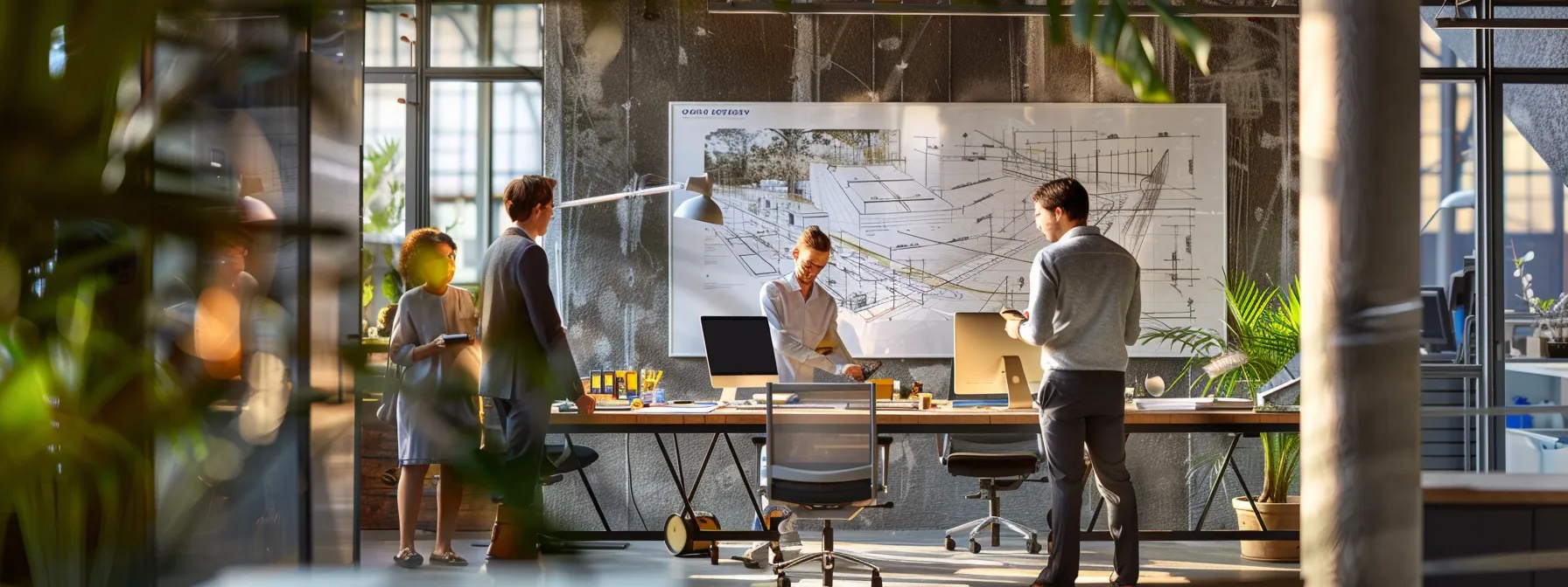 a modern industrial workspace showcases a team of professionals evaluating a detailed paving design blueprint on a sleek conference table, illuminated by bright overhead lighting, emphasizing the meticulous assessment of load requirements and cost-effectiveness for heavy-duty paving solutions.