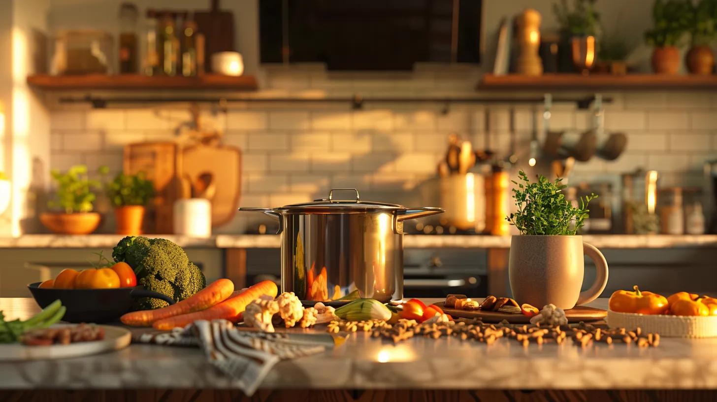 a modern kitchen countertop is beautifully arranged with high-quality dog bones, vibrant dog-safe vegetables, and a simmering pot of bone broth, emphasizing the art of creating nutritious meals for pets. a modern kitchen countertop is beautifully arranged with high-quality dog bones, vibrant dog-safe vegetables, and a simmering pot of bone broth, emphasizing the art of creating nutritious meals for pets.