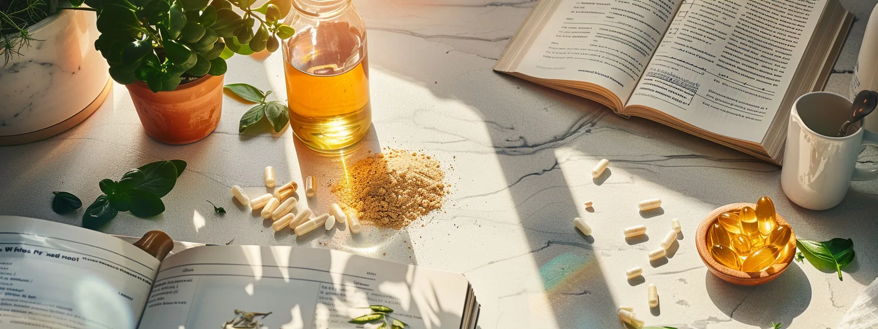 a modern kitchen countertop is neatly arranged with various forms of ashwagandha supplements—powder, capsules, and tea bags—alongside an open recipe book, illuminated by warm, inviting light, conveying a sense of wellness and practicality in daily routines. a modern kitchen countertop is neatly arranged with various forms of ashwagandha supplements—powder, capsules, and tea bags—alongside an open recipe book, illuminated by warm, inviting light, conveying a sense of wellness and practicality in daily routines.