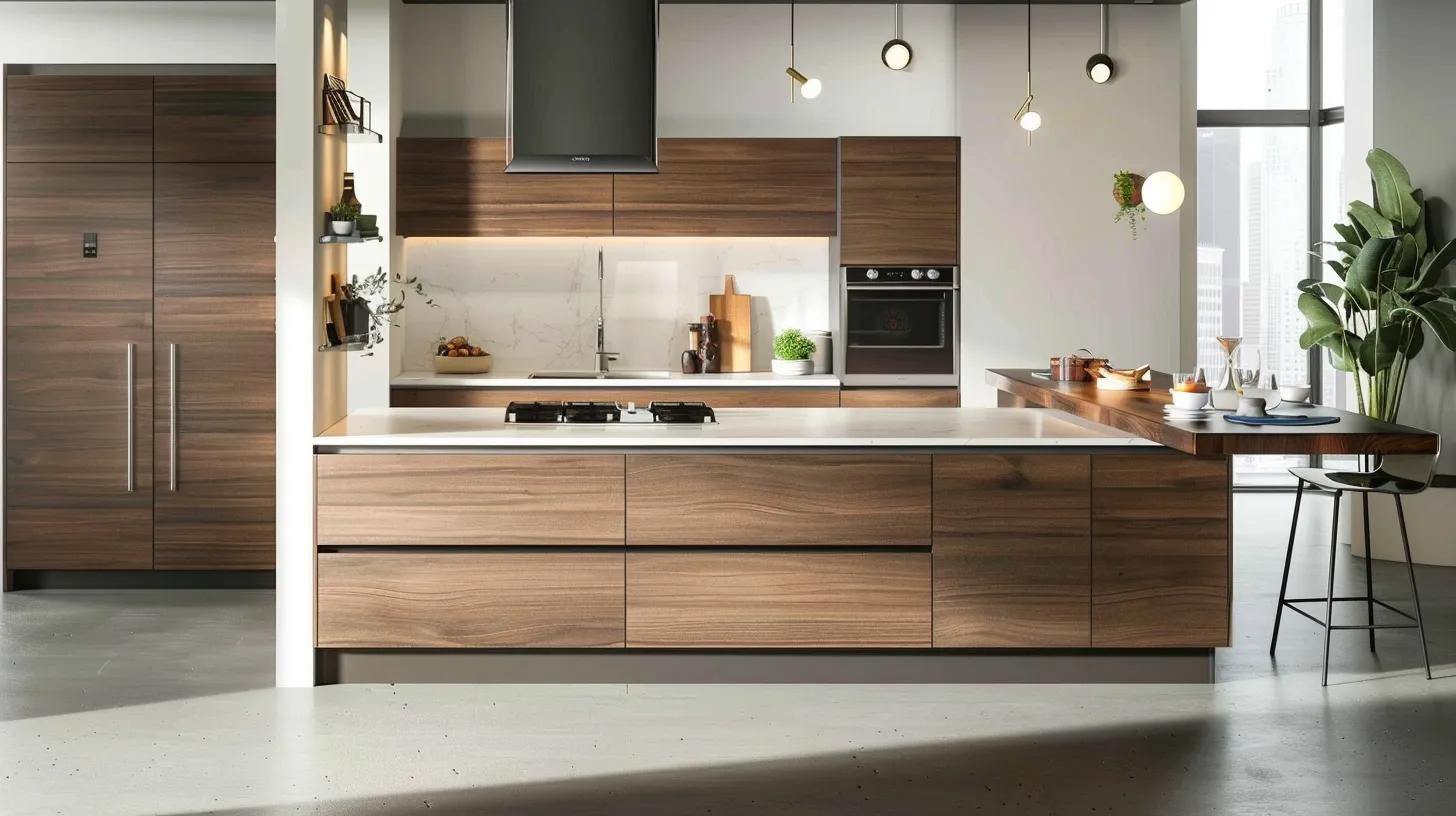 a modern kitchen in the midst of renovation showcases stylish, affordable cabinetry with a sleek oak finish, complemented by strategically placed energy-efficient lighting and contemporary countertops, all set against an urban backdrop in los angeles.