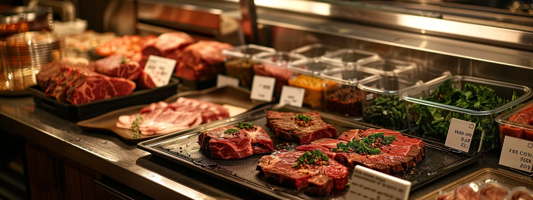 a modern kitchen setting showcases an elegantly arranged platter of expertly cut beef steaks, including flat iron and corned beef, alongside neatly labeled containers for tallow and jerky, all illuminated by warm, inviting overhead lights to highlight the quality and variety of an eighth cow beef share. a modern kitchen setting showcases an elegantly arranged platter of expertly cut beef steaks, including flat iron and corned beef, alongside neatly labeled containers for tallow and jerky, all illuminated by warm, inviting overhead lights to highlight the quality and variety of an eighth cow beef share.