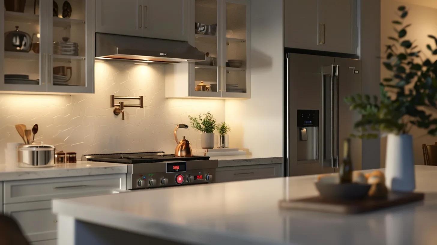 a modern kitchen showcasing a sleek, newly installed tankless water heater, highlighted under bright, focused lighting, emphasizing its contemporary design against a backdrop of polished cabinetry and stainless steel appliances.