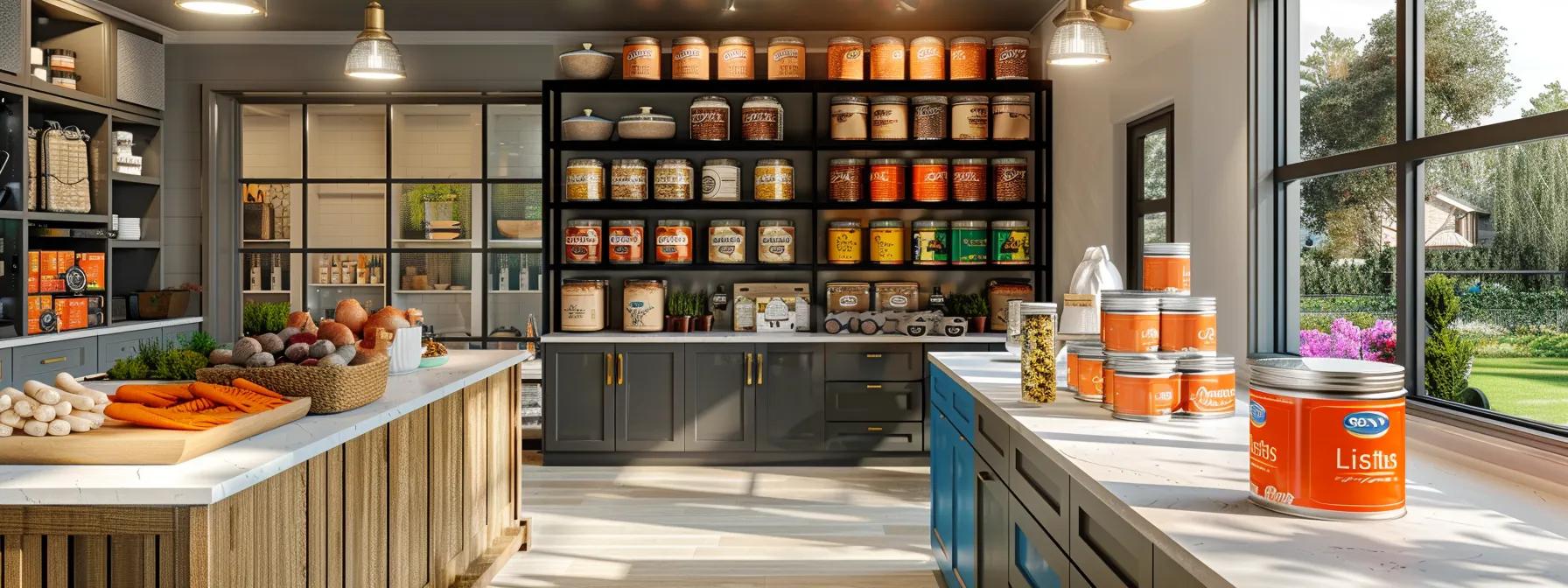 a modern kitchen with an eye-catching display of premium wet dog food cans, featuring vibrant labels and a thoughtful assortment that highlights the nutritional benefits for puppies.