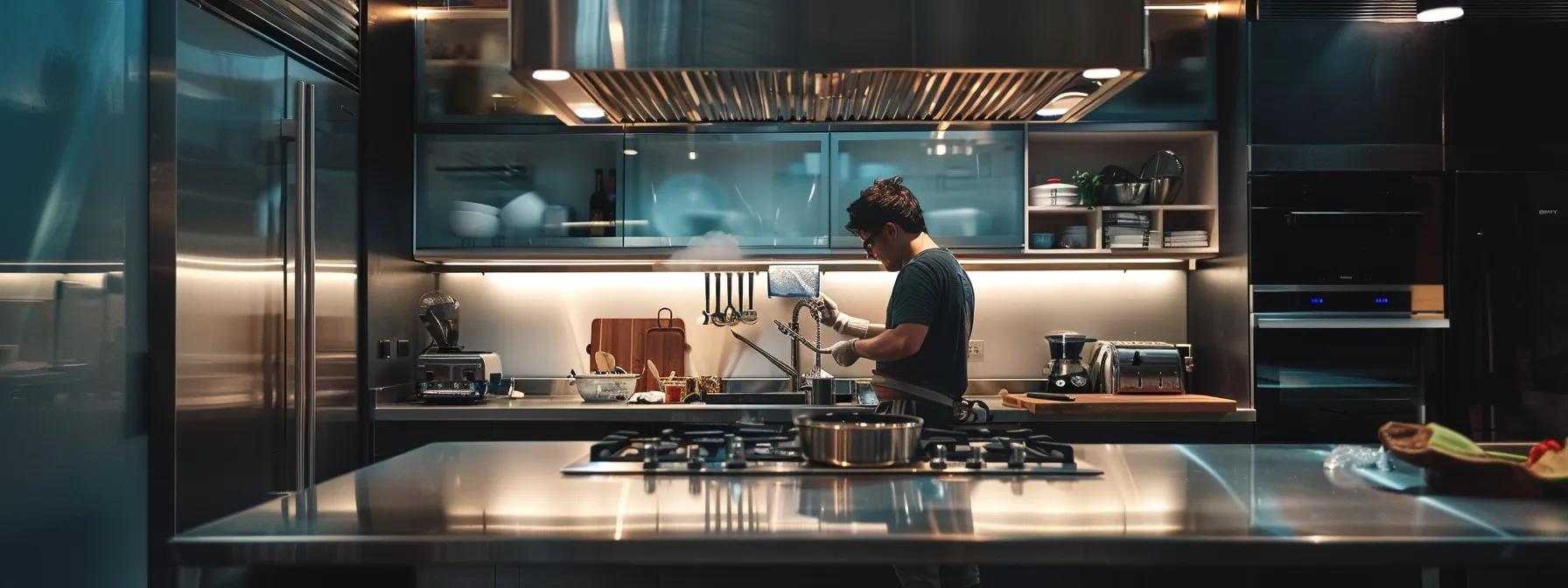a modern kitchen with sleek gas appliances, showcasing a technician inspecting gas lines with precision tools under bright led lighting, emphasizing a proactive approach to safety and maintenance. a modern kitchen with sleek gas appliances, showcasing a technician inspecting gas lines with precision tools under bright led lighting, emphasizing a proactive approach to safety and maintenance.