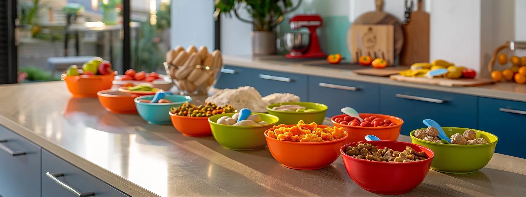 a modern kitchen workspace is filled with colorful homemade hypoallergenic dog treats arranged artistically on a sleek countertop, surrounded by bowls of fresh, natural ingredients and vibrant utensils to emphasize the joy of customized pet care. a modern kitchen workspace is filled with colorful homemade hypoallergenic dog treats arranged artistically on a sleek countertop, surrounded by bowls of fresh, natural ingredients and vibrant utensils to emphasize the joy of customized pet care.