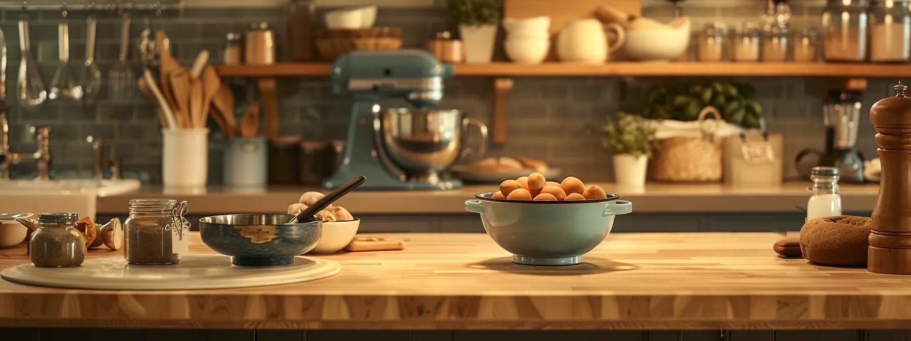 a modern kitchen workspace is artfully arranged, showcasing essential cooking tools like a vibrant mixing bowl, precise measuring cups and spoons, a sleek food processor, and a rustic rolling pin, all illuminated by warm pendant lighting to create an inviting culinary atmosphere. a modern kitchen workspace is artfully arranged, showcasing essential cooking tools like a vibrant mixing bowl, precise measuring cups and spoons, a sleek food processor, and a rustic rolling pin, all illuminated by warm pendant lighting to create an inviting culinary atmosphere.