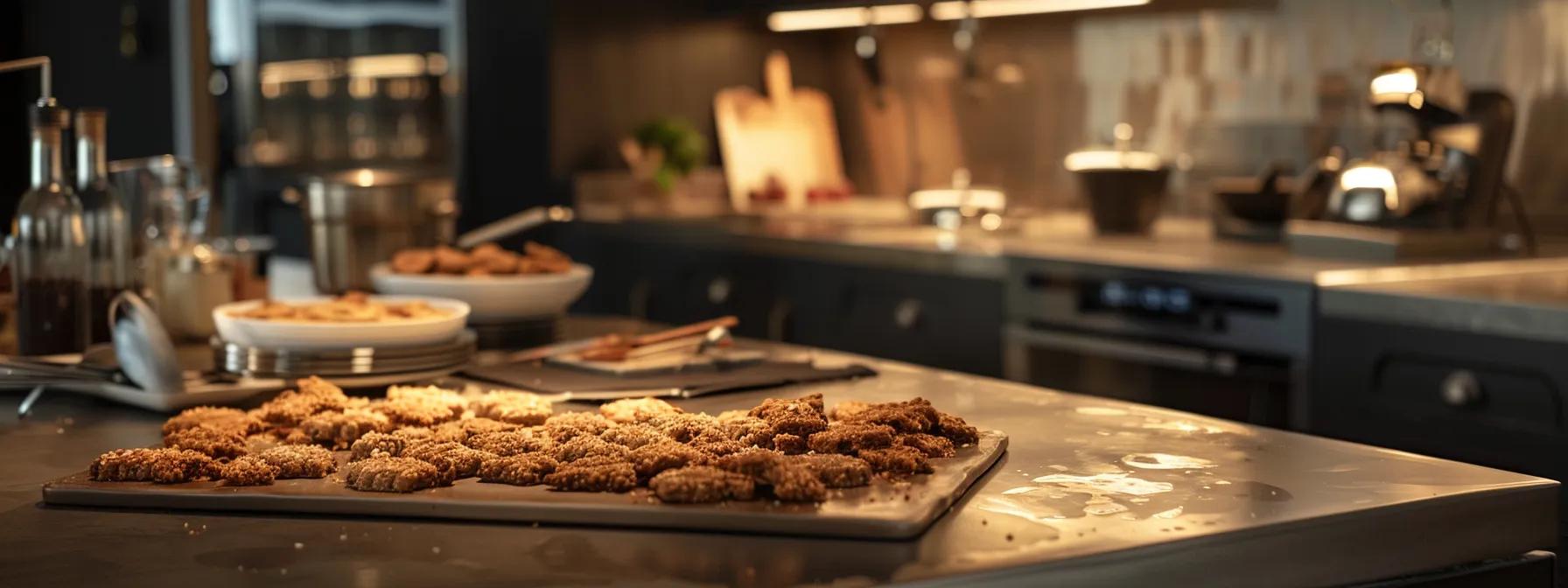 a modern kitchen workspace showcases an inviting array of freshly baked dog treats, artfully arranged on a sleek countertop, highlighting their appetizing golden-brown crunchiness against stylish baking tools and ingredients. a modern kitchen workspace showcases an inviting array of freshly baked dog treats, artfully arranged on a sleek countertop, highlighting their appetizing golden-brown crunchiness against stylish baking tools and ingredients.