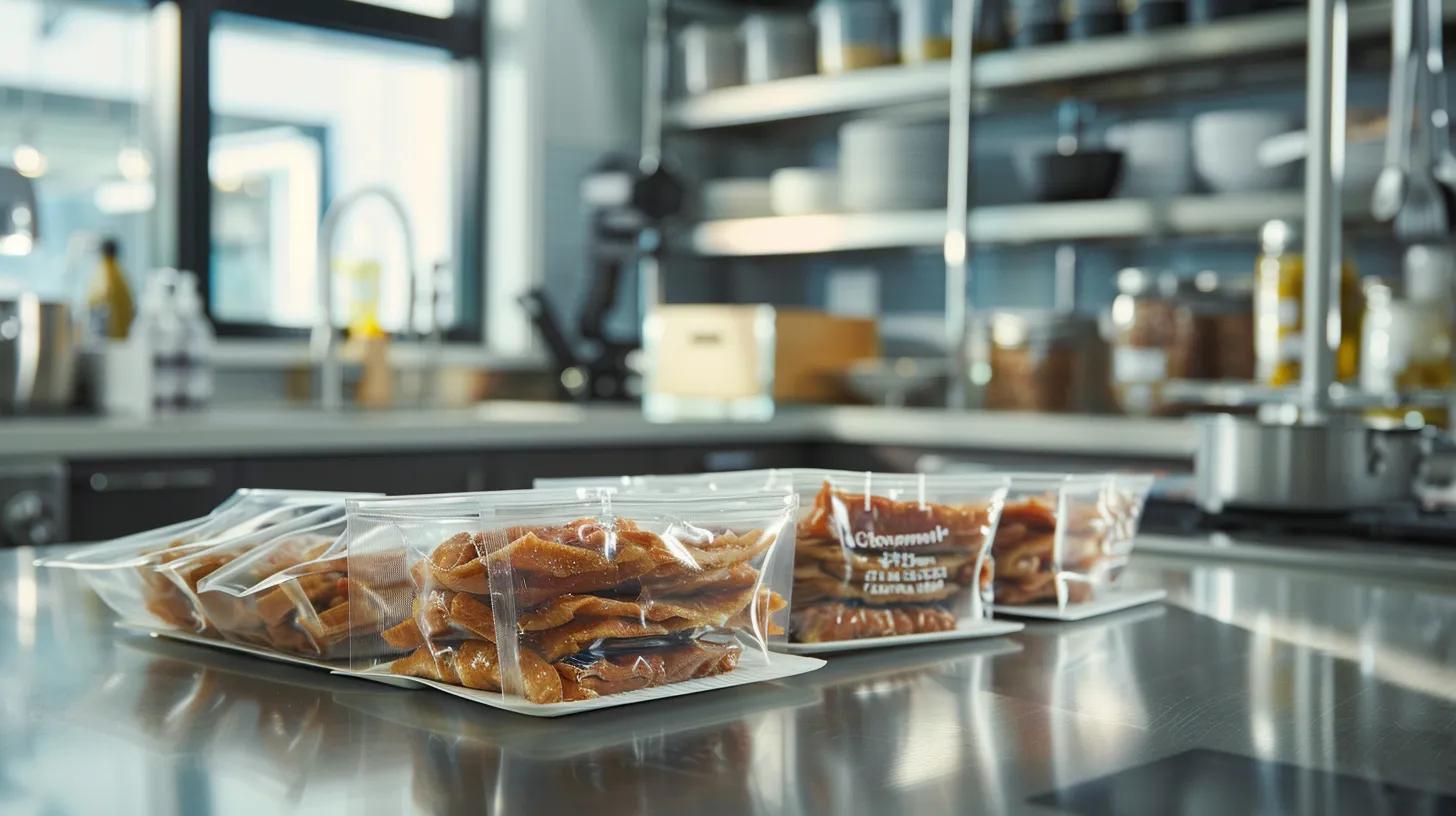 a modern kitchen workstation displays neatly labeled vacuum-sealed bags of homemade chicken jerky, emphasizing safety and preservation with organized storage containers and industrial-grade food safety tools in the background. a modern kitchen workstation displays neatly labeled vacuum-sealed bags of homemade chicken jerky, emphasizing safety and preservation with organized storage containers and industrial-grade food safety tools in the background.