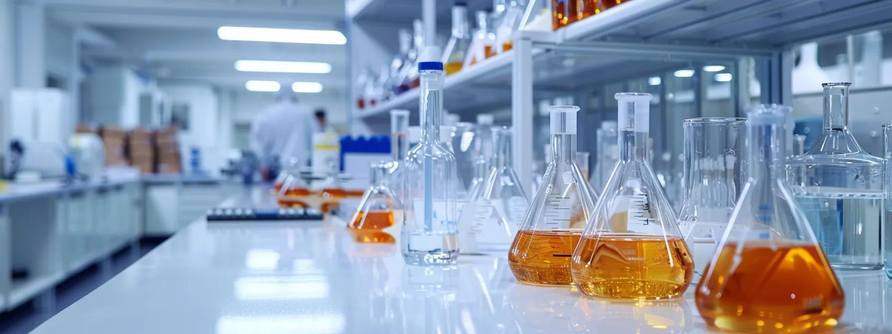 a modern laboratory filled with advanced testing equipment and glassware, where scientists in white lab coats meticulously analyze thc-infused spirits, highlighting the rigorous quality control processes in the cannabis beverage industry. a modern laboratory filled with advanced testing equipment and glassware, where scientists in white lab coats meticulously analyze thc-infused spirits, highlighting the rigorous quality control processes in the cannabis beverage industry.