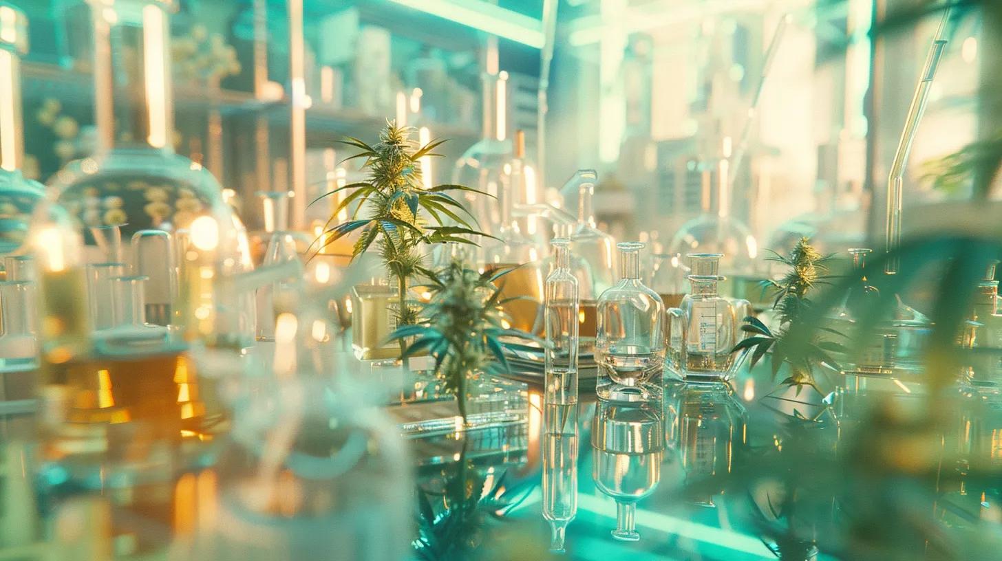 a modern laboratory filled with advanced research equipment illustrates scientists collaborating over cbd formulations, highlighting cutting-edge studies on the endocannabinoid system aimed at anxiety relief.
