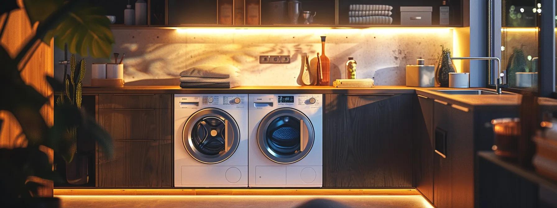 a modern laundry room featuring a sleek gas dryer and a stylish electric dryer side by side, illuminated by warm ambient lighting that highlights the contrasting designs, with plumbing tools and materials neatly arranged on a counter, showcasing the decision-making process for homeowners evaluating their options. a modern laundry room featuring a sleek gas dryer and a stylish electric dryer side by side, illuminated by warm ambient lighting that highlights the contrasting designs, with plumbing tools and materials neatly arranged on a counter, showcasing the decision-making process for homeowners evaluating their options.
