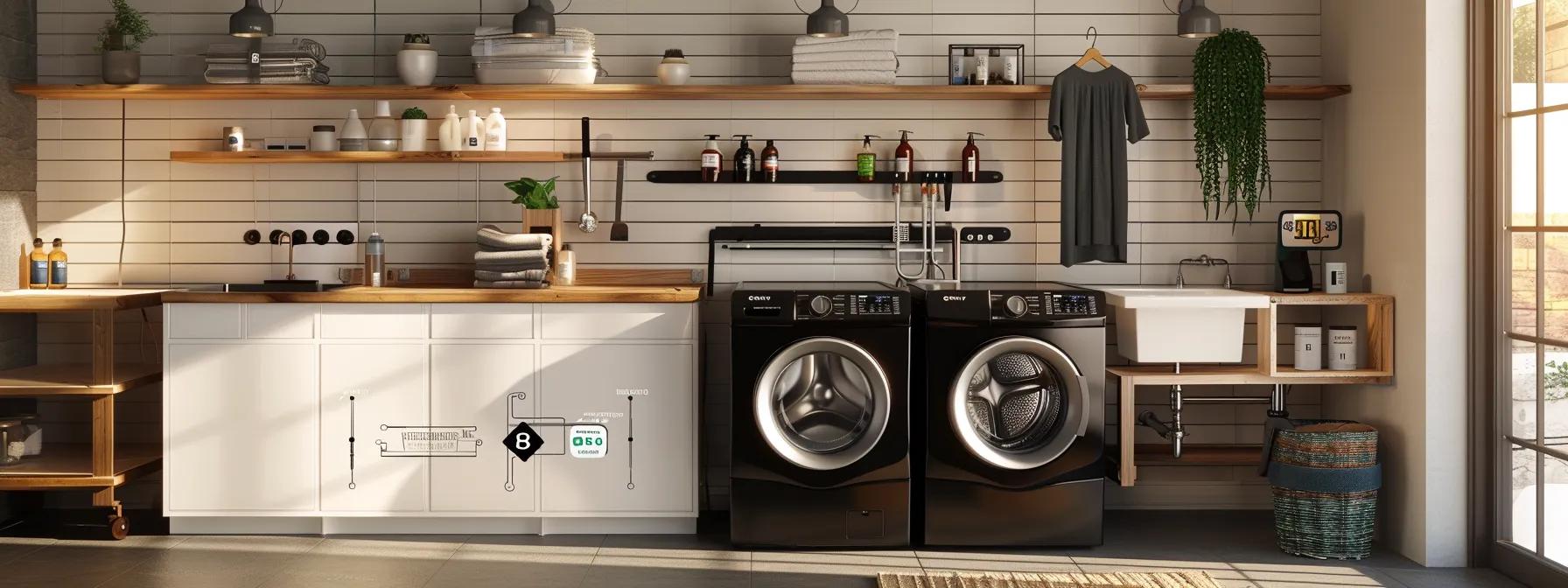 a modern laundry room showcases a sleek gas dryer and an electric dryer side by side, each connected to their respective energy sources, with clear instructional graphics highlighting installation requirements and safety measures prominently displayed on the wall. a modern laundry room showcases a sleek gas dryer and an electric dryer side by side, each connected to their respective energy sources, with clear instructional graphics highlighting installation requirements and safety measures prominently displayed on the wall.
