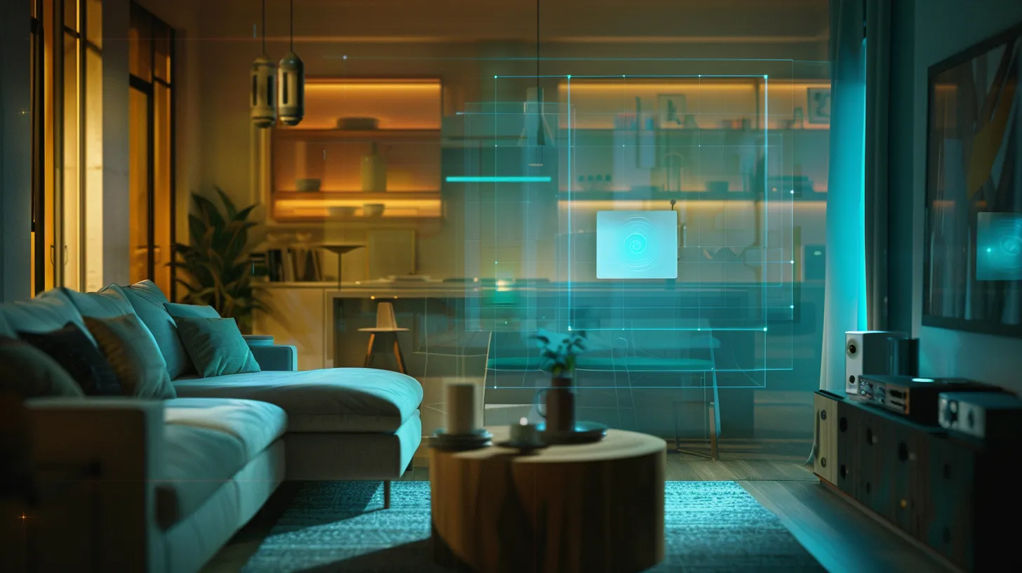 a modern living room equipped with high-tech voice-activated devices, showcasing a sleek interface displaying advanced voice ai features, illuminated by soft, futuristic lighting that highlights the integration of technology into daily home services. a modern living room equipped with high-tech voice-activated devices, showcasing a sleek interface displaying advanced voice ai features, illuminated by soft, futuristic lighting that highlights the integration of technology into daily home services.