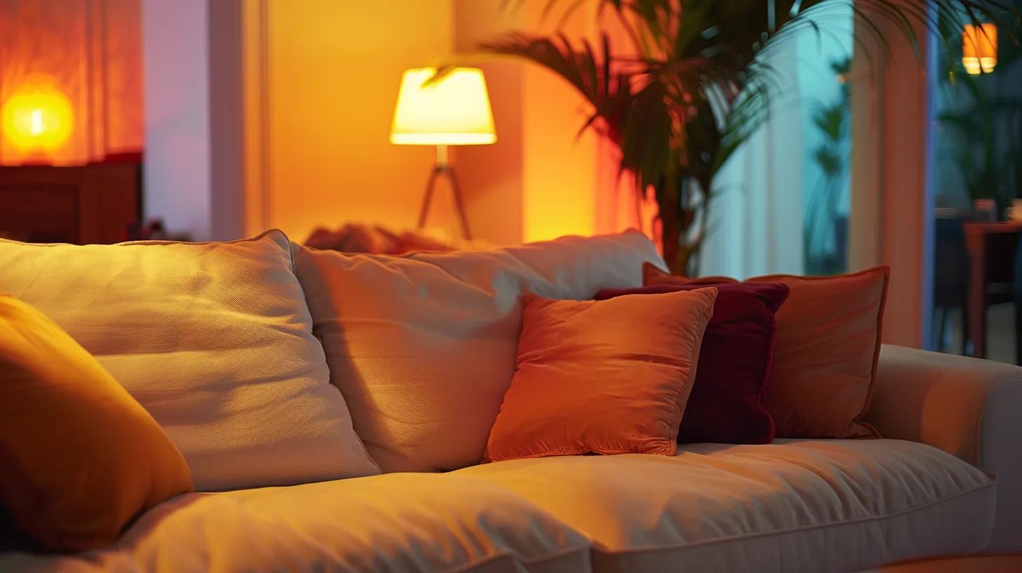 a modern living room showcasing a freshly cleaned, elegantly arranged sofa with vibrant decorative pillows and a subtle sheen of upholstery cleaner, illuminated by soft indoor lighting to emphasize the inviting atmosphere.