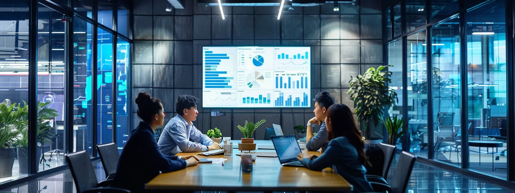 a modern manufacturing office space showcases a sleek conference table surrounded by professionals eagerly discussing vibrant digital dashboards displaying data privacy metrics and nlp integration strategies, emphasizing the challenges and solutions in implementing advanced technology.