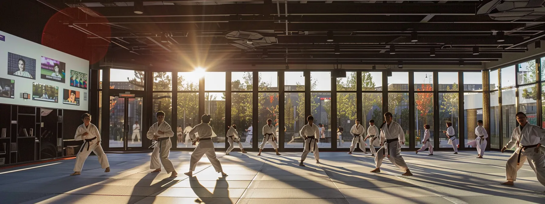 a modern martial arts dojo equipped with digital screens displaying real-time attendance analytics, surrounded by engaged students practicing, highlighting the vibrant atmosphere and community engagement fostered by automated tracking systems. a modern martial arts dojo equipped with digital screens displaying real-time attendance analytics, surrounded by engaged students practicing, highlighting the vibrant atmosphere and community engagement fostered by automated tracking systems.