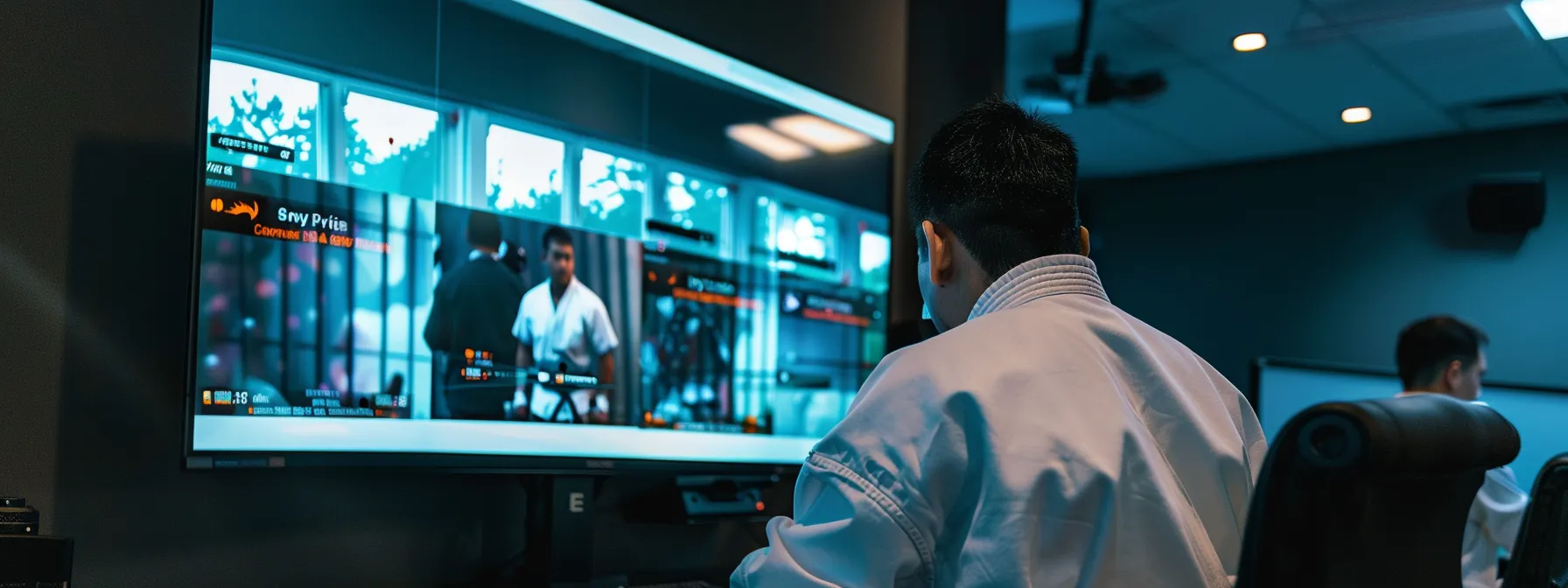 a modern martial arts school office showcases advanced management software on a sleek computer screen, with administrators engaged in discussions around streamlined operations and enhanced student experiences, illuminated by focused overhead lighting. a modern martial arts school office showcases advanced management software on a sleek computer screen, with administrators engaged in discussions around streamlined operations and enhanced student experiences, illuminated by focused overhead lighting.