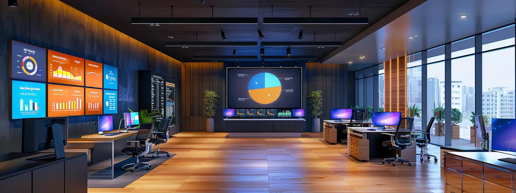 a modern martial arts school office filled with vibrant digital screens displaying colorful analytical dashboards, showcasing data metrics on marketing effectiveness, engagement rates, and customer insights within a sleek, professional environment. a modern martial arts school office filled with vibrant digital screens displaying colorful analytical dashboards, showcasing data metrics on marketing effectiveness, engagement rates, and customer insights within a sleek, professional environment.